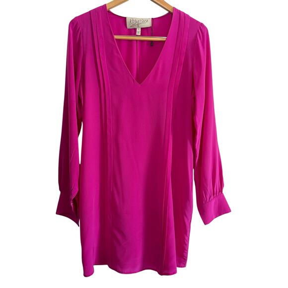 RORY BECA | PInk / Fuschia Silk V Neck Long Sleeve Shift Mini Dress | Small - Picture 2 of 8